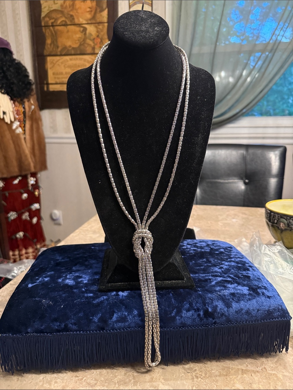 1980s Silvertone mesh Love knot station vintage necklace